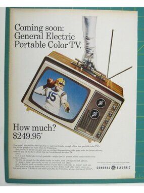 Print Ad General Electric Portable Color TV Coming Soon Vintage 1960s Ad Footbal